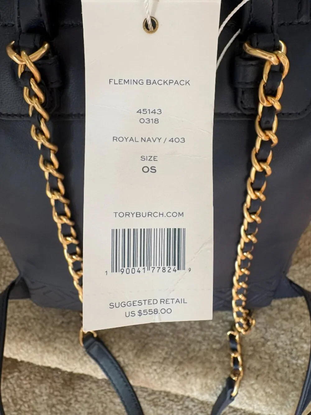 Tory Burch Fleming Leather Backpack Royal Navy Gold Chain NWT